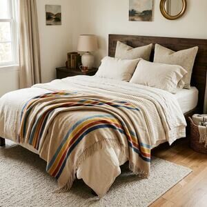 Sackcloth & Ashes Wool Blend Blanket Cabin tan Fringe Striped 59x70